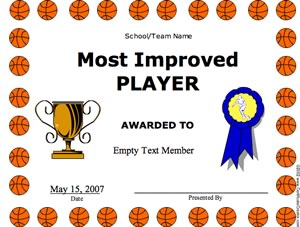 Basketball Most Improved Player certificate image
