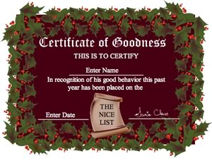 Christmas Certificate of Goodness created by Santa Claus