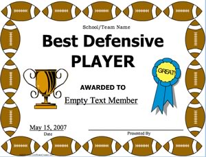 Football Best Defensive Player certificate image