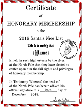 Santa's Nice List Honorary Member Certificate